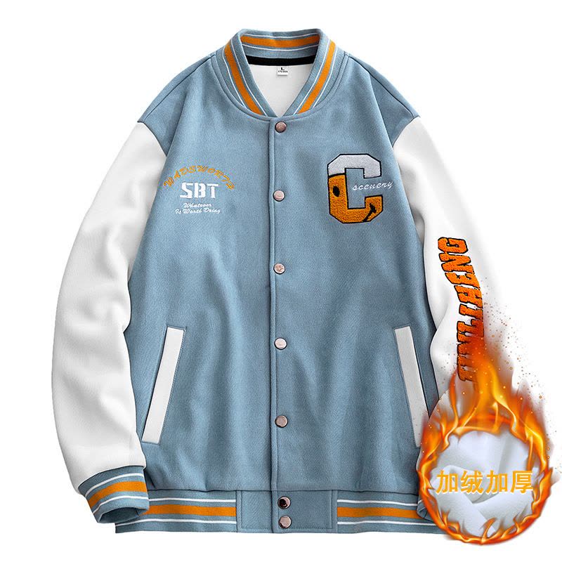 男装秋冬季加绒棒球服韩版开衫排扣立领字母绣花宽松外套图片