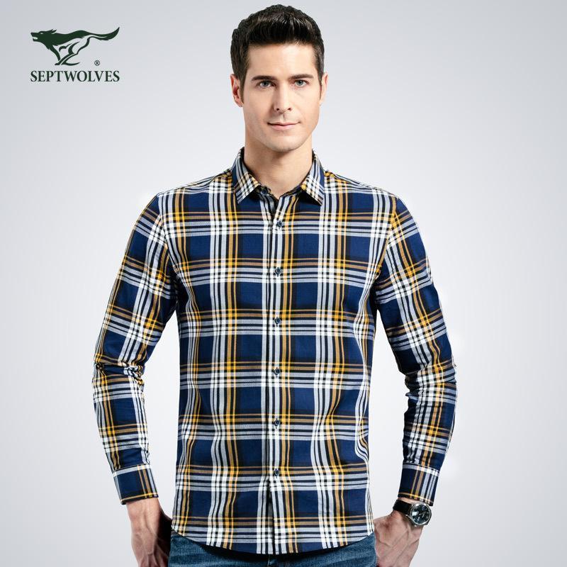 七匹狼长袖衬衫男士休闲衬衣格子纯棉衬衫男品牌正品上衣男装1视频