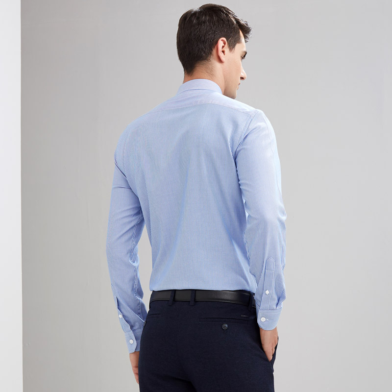 才子男装春季新款男士条纹长袖衬衫商务休闲上班工装纯色衬衣男