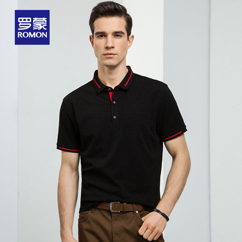 romon/罗蒙短袖t恤男中青年夏季薄款纯色polo衫休闲条纹商务t恤男