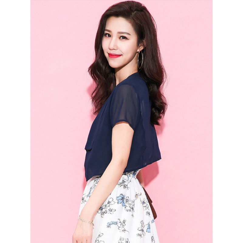 拉夏贝尔2018夏装新款淑女修身短款上衣纯色开衫外搭雪纺衫女士短袖 10010439 L 藏青 甜美淑女 简约优雅
