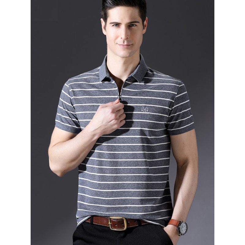 恒源祥男士短袖t恤夏季中青年拉链翻领棉条纹polo衫休闲半袖衣服