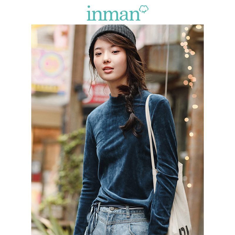茵曼2018春秋新款文艺范半高领长袖套头t恤女百搭打底衫宽松上衣