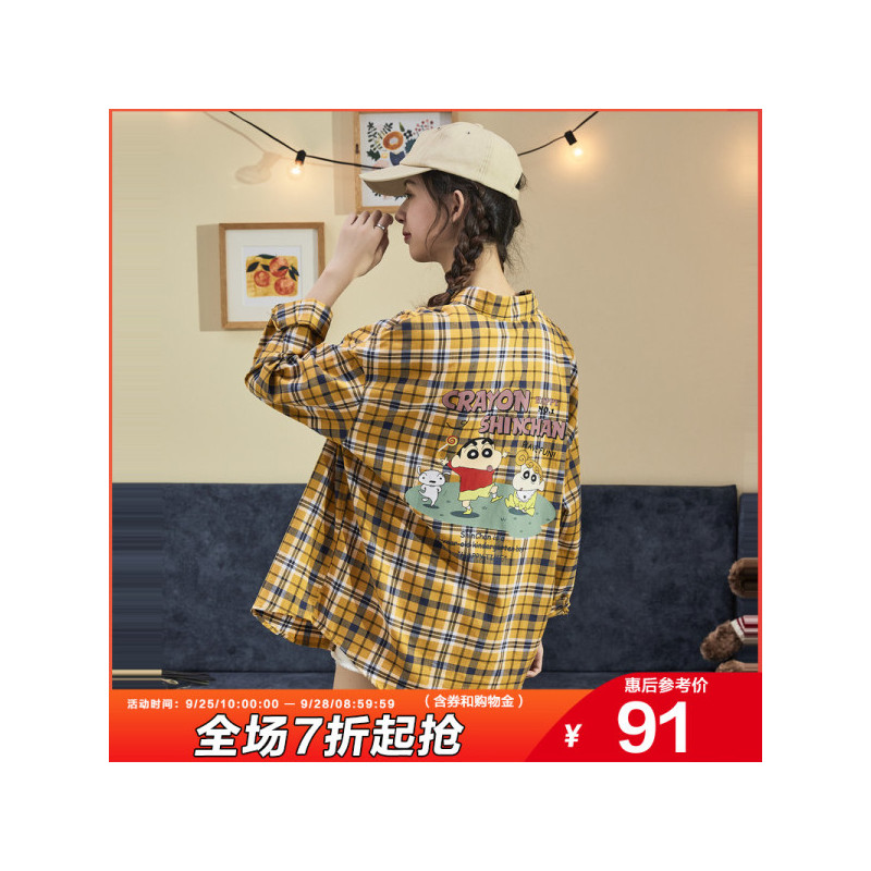 [蜡笔小新联名]唐狮2020新款后背印花长袖格子衬衫女复古港味上衣