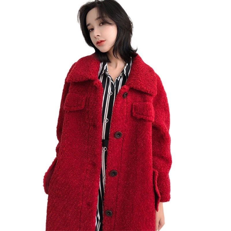 兰奥羊毛皮女长款直筒大衣羊剪绒方领大颗粒毛外套