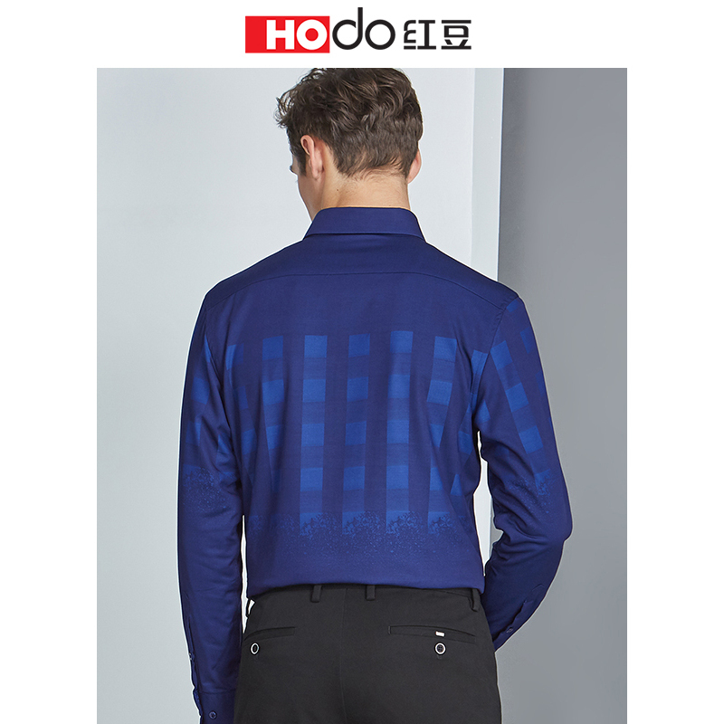 HODO红豆男装冬季保暖衬衫方块图案加绒休闲舒适长袖衬衫男