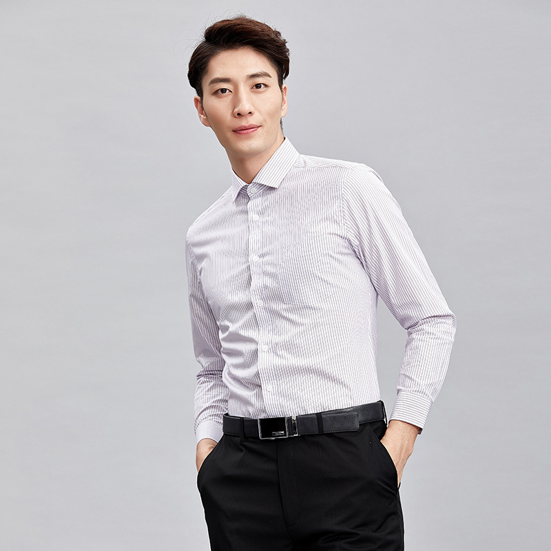 才子男装秋季新品衬衫男士青年条纹韩版修身抗皱长袖白色衬衣男