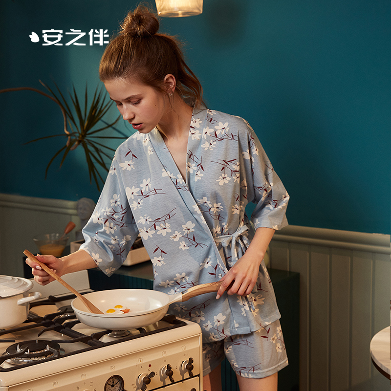 安之伴时尚睡衣女夏甜美开衫短袖系带韩版宽松休闲家居服套装大码