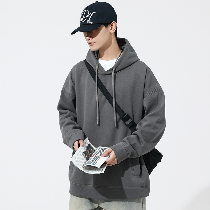春秋季新款男士连帽卫衣休闲运动百搭纯色打底套头帽衫上衣服男装