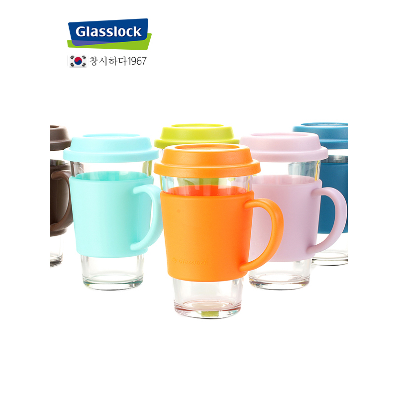 Glasslock韩国进口钢化玻璃水杯带把手380ml加厚耐摔透明玻璃茶杯带杯套防烫带盖杯子男女办公室果汁杯可微波炉加热