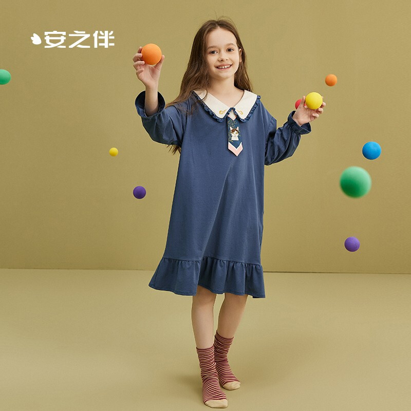 安之伴睡衣女童木耳边翻领小荷叶袖中长裙棉质弹力针织素色长袖可外穿女童裙
