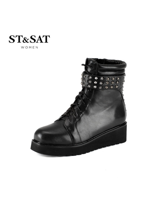 星期六ST&SAT牛皮圆头中跟系带铆钉女靴SS54112987
