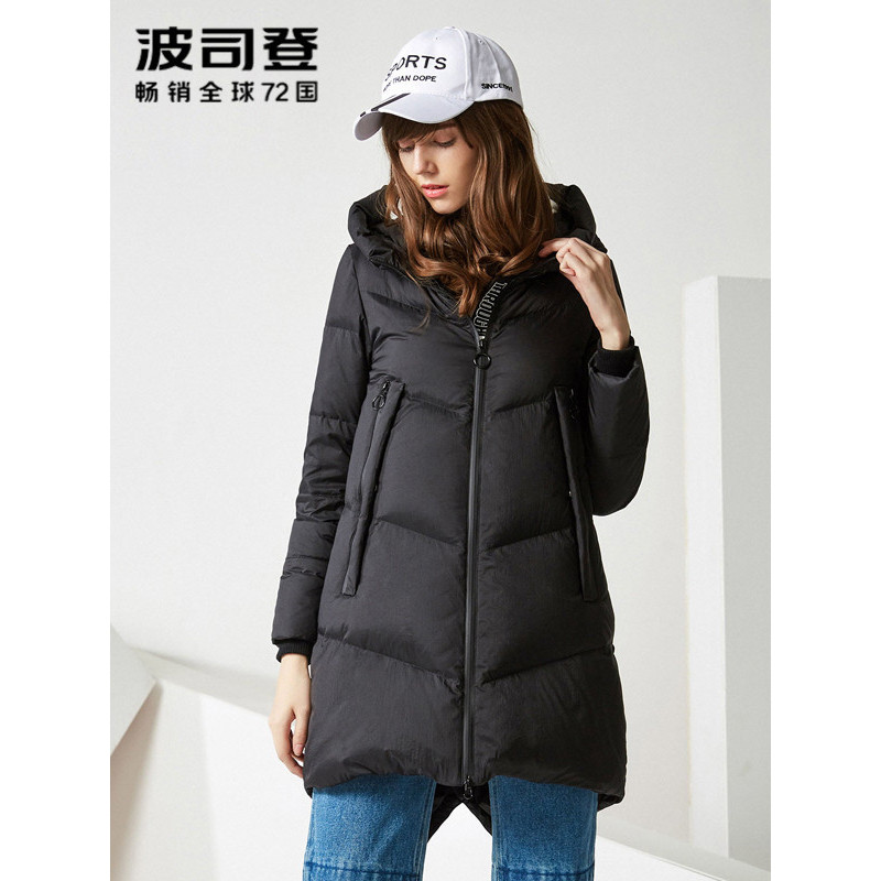 波司登bosideng女士冬季常规款连帽中长款燕尾后摆时尚羽绒服女b