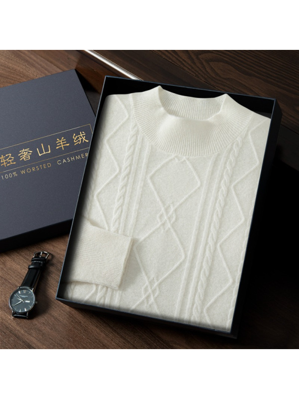 山羊绒衫秋冬新款男士宽松半高领打底菱形纯色套头针织衫毛衣