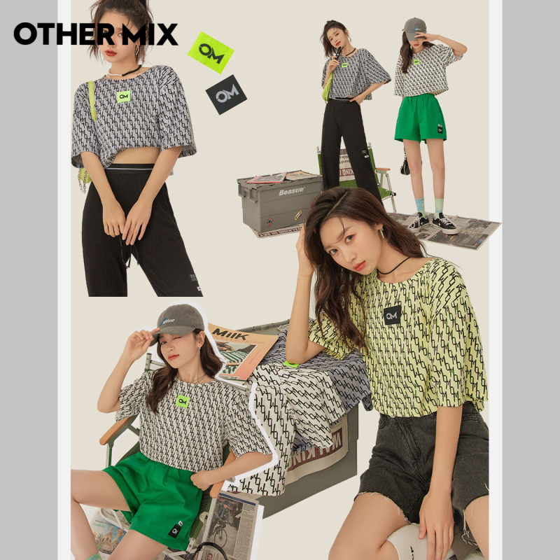 othermix印花短袖t恤女2021年夏季新款韩版圆领时尚潮流短款上衣