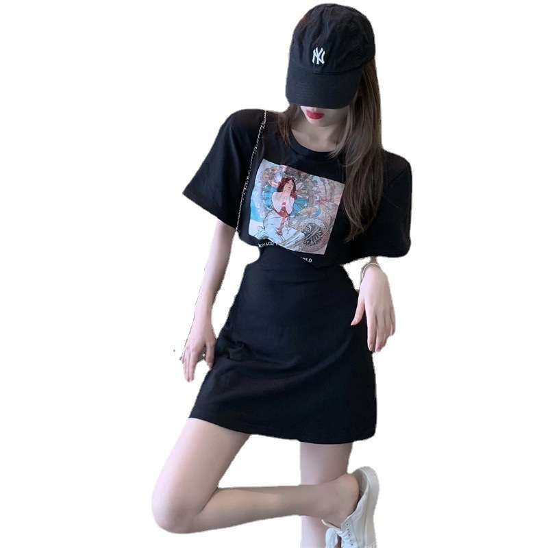 a字性感气质短袖T恤裙女短裙夏季上衣中长款连衣裙子半身裙包臀裙