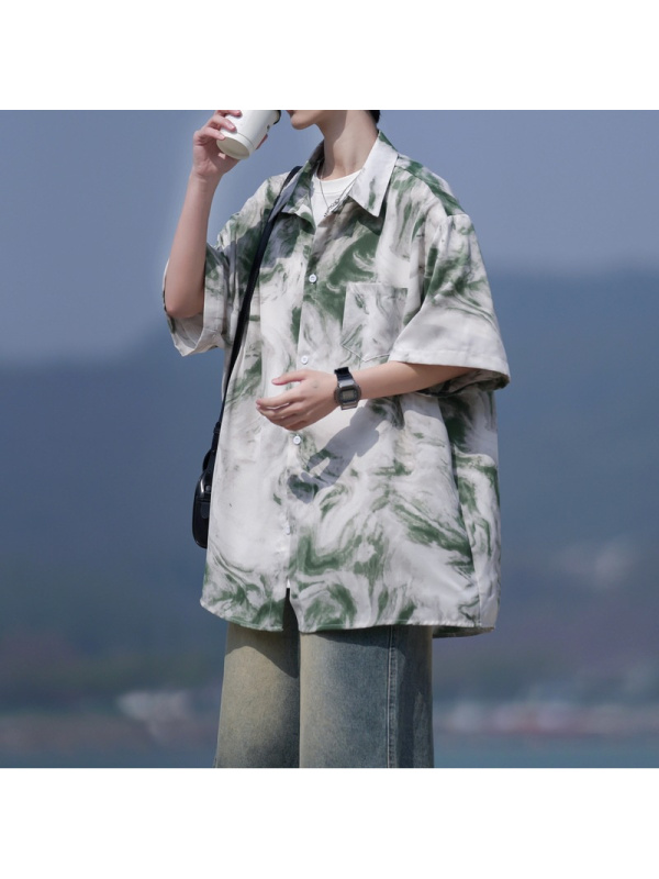 男装夏季海岛度假男女同款宽松短袖花衬衫痞帅时尚潮牌休闲男衬衣