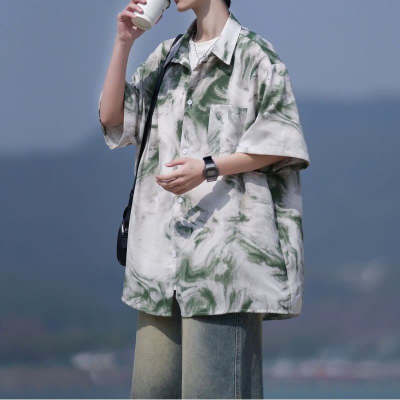 男装夏季海岛度假男女同款宽松短袖花衬衫痞帅时尚潮牌休闲男衬衣图片