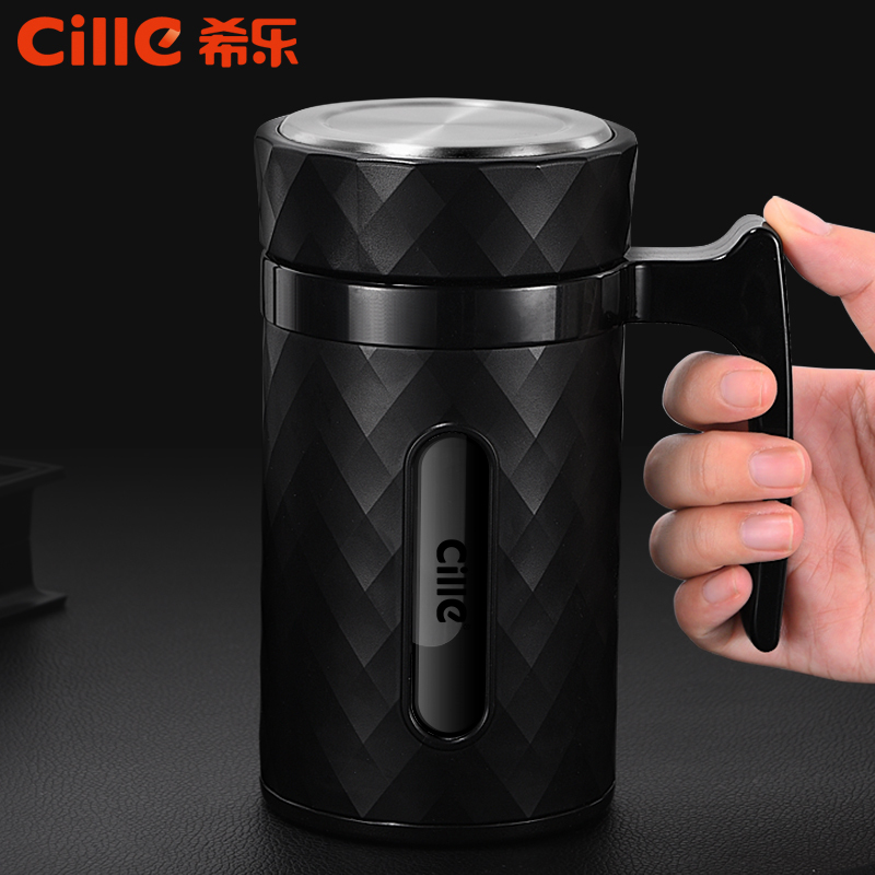 希乐cille玻璃杯双层带把手男士办公水杯女士创意潮流带盖带茶隔茶