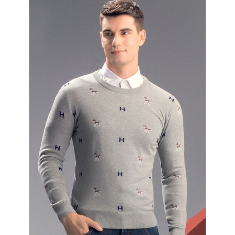 传奇保罗针织衫男春秋春季圆领套头青年碎花灰色毛衣