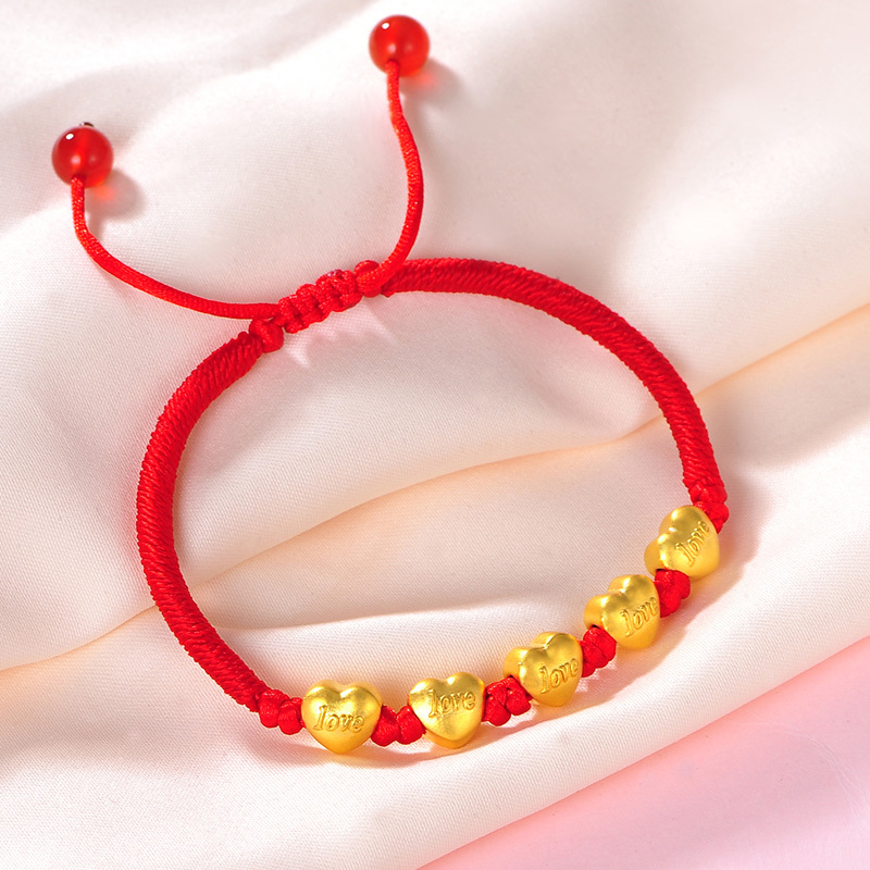 蒂蔻 黄金手链 love爱心形黄金手链女款玫瑰花足金编织红绳拉伸款520情人节礼物送女友送老婆