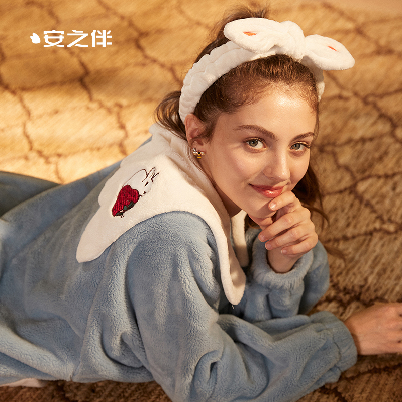 安之伴珊瑚绒睡衣女秋冬娃娃领加厚保暖甜美卡通家居服休闲公主风
