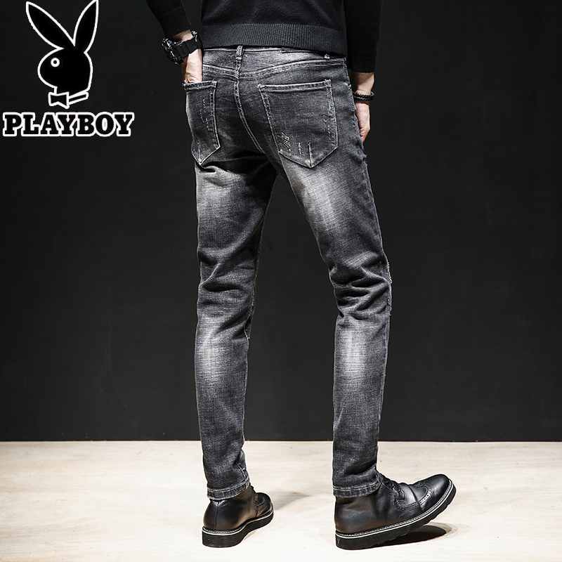 花花公子PLAYBOYJEANS牛仔裤男秋冬黑色修身型直筒弹力小脚男士长裤子潮