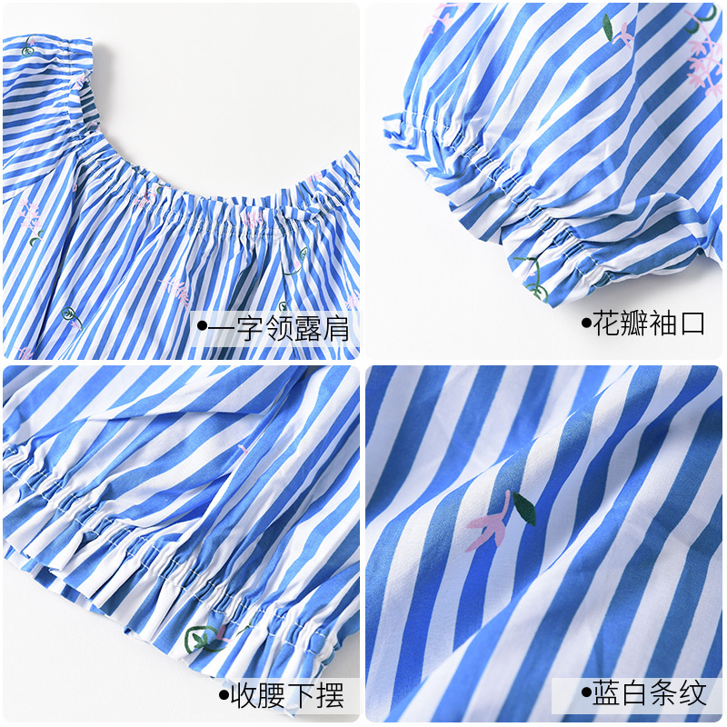 铅笔俱乐部童装2019夏装新款女童短袖衬衫露肩亲子装儿童条纹衬衫
