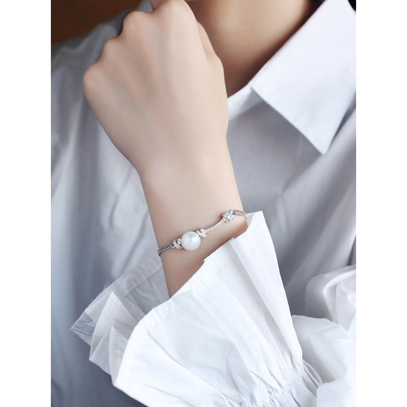 apmmonaco单颗珍珠绳结925银手链女士时尚宴会手腕链百搭首饰欧美风格
