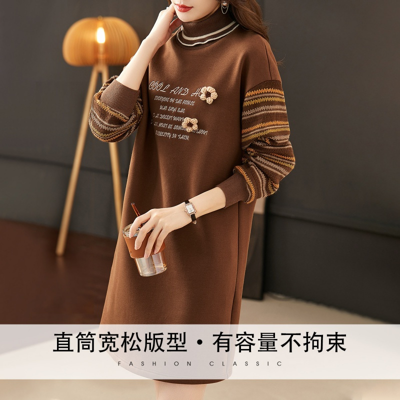 OUNIXUE欧昵雪 | 秋冬时尚高领保暖加绒卫衣裙女落肩长袖休闲连衣裙慵懒风短裙