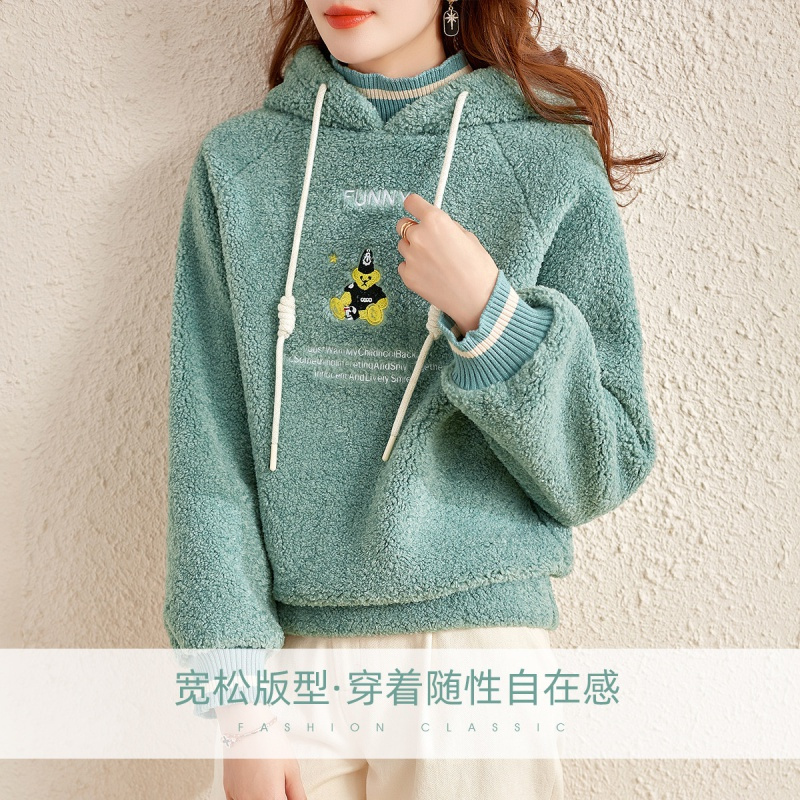 OUNIXUE欧昵雪 | [连帽小熊卫衣]秋冬季休闲羊羔毛长袖宽松加绒ins上衣女
