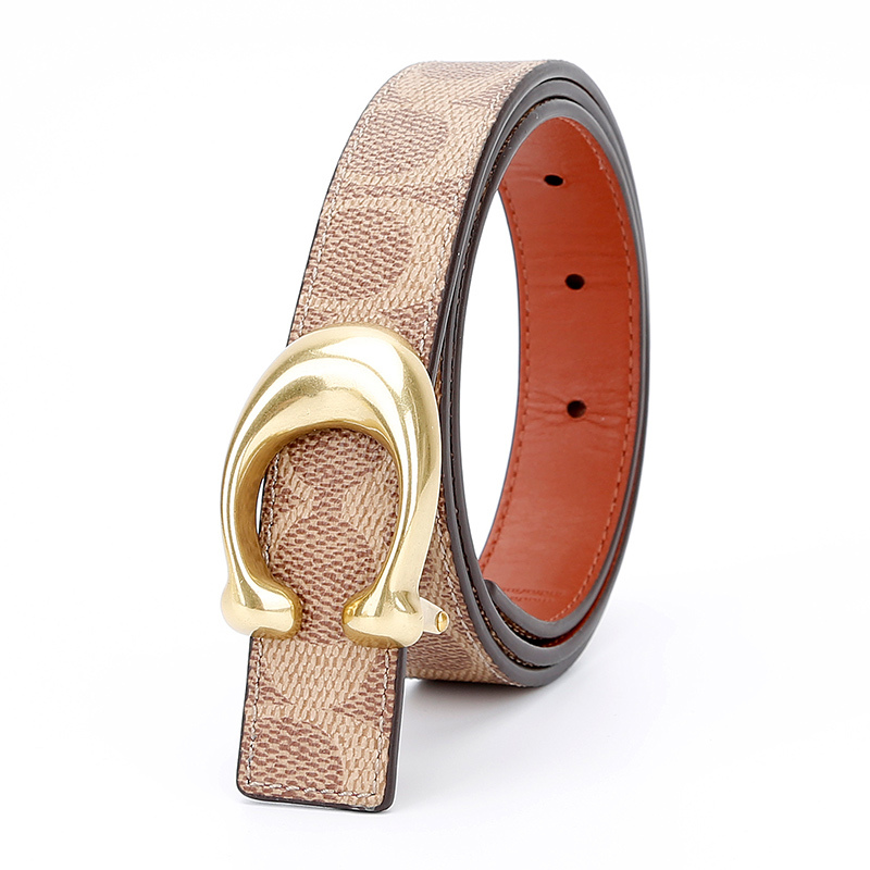 蔻驰coach奢侈品女士专柜款双面人造革配皮腰带皮带卡其色配棕色箱包