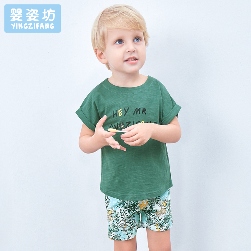 男童夏季圆领图案印花短袖碎花短裤两件套1-5岁 73-120码