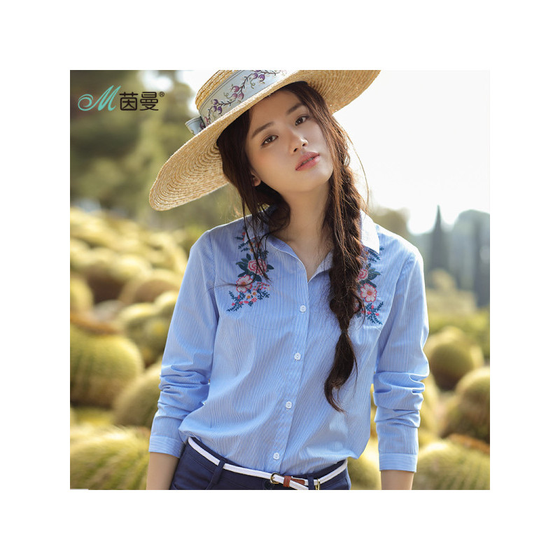 茵曼春装修身文艺范绣花纯棉蓝色竖条纹衬衫女装长袖衬衣1881011134