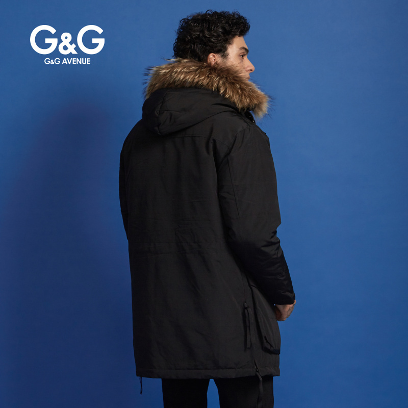 G＆G 男士冬季黑色迷彩羽绒服男潮中长款连帽大毛领保暖青年外套