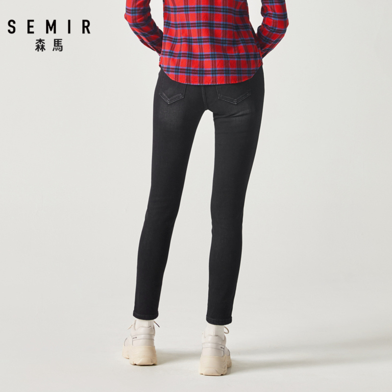 Semir森马2019冬季新款牛仔长裤女修身显瘦小脚裤网红ins潮流保暖裤子