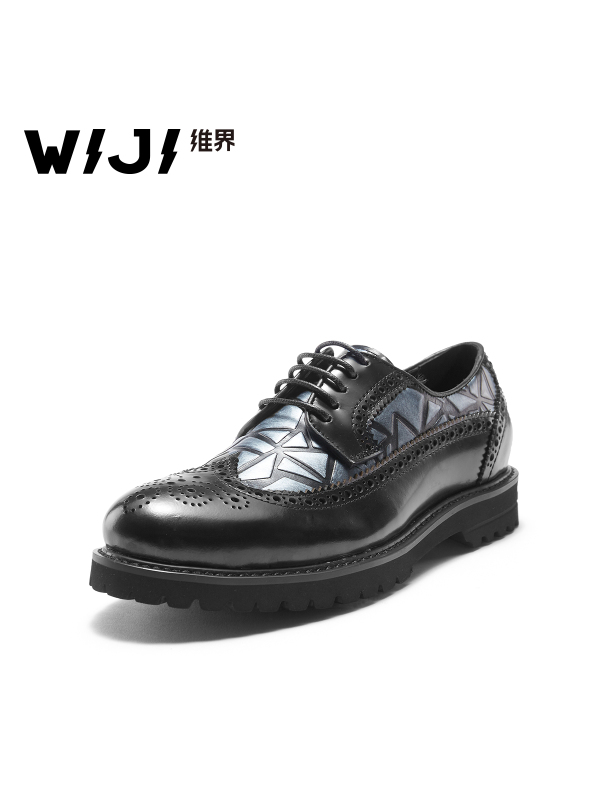 WIJI2018新款欧美英伦风真皮进口透气时尚牛皮布洛克尖头系带女鞋