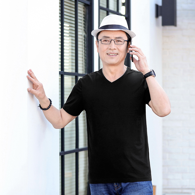 駱丹尼斯纯棉爸爸夏装中年男士短袖t恤男40-50岁夏天圆领中老年人大码上衣