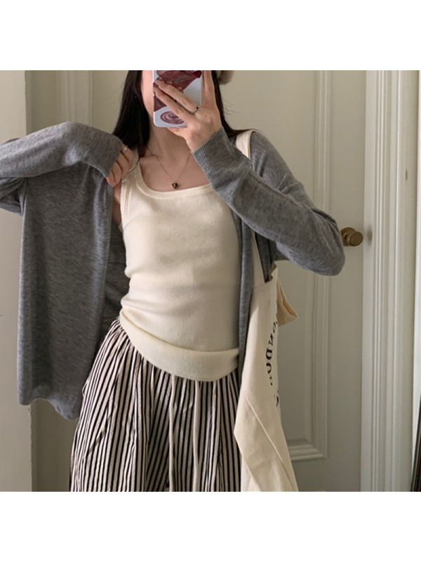 薄款慵懒风长袖针织衫女秋季新款韩版宽松纯色百搭设计感开衫上衣