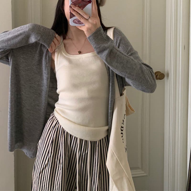 薄款慵懒风长袖针织衫女秋季新款韩版宽松纯色百搭设计感开衫上衣图片