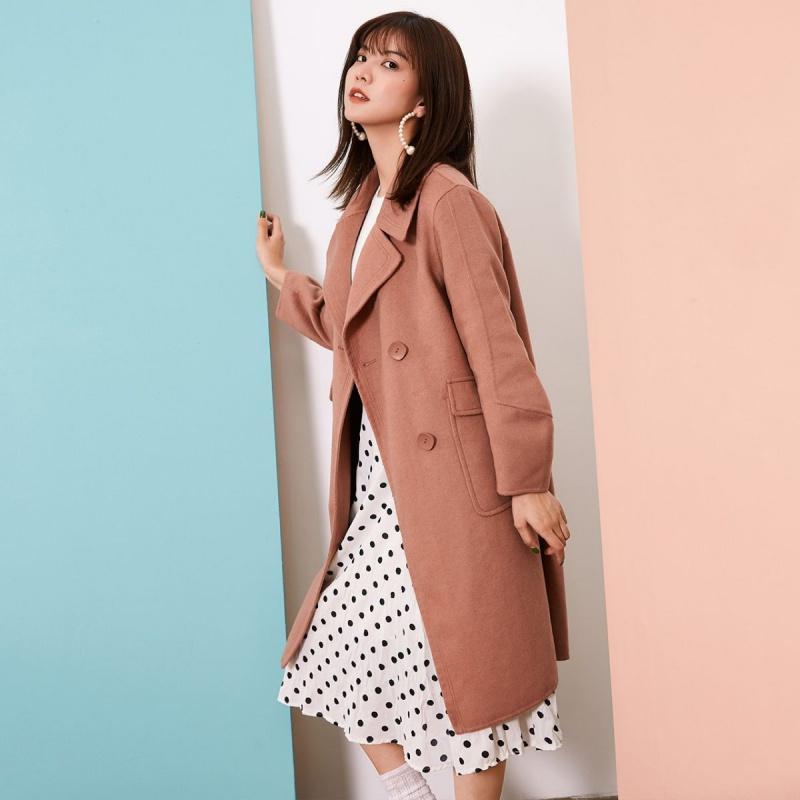 新款拉夏贝尔双面毛呢大衣女中长款冬季新款韩版双排扣百搭学生外套女