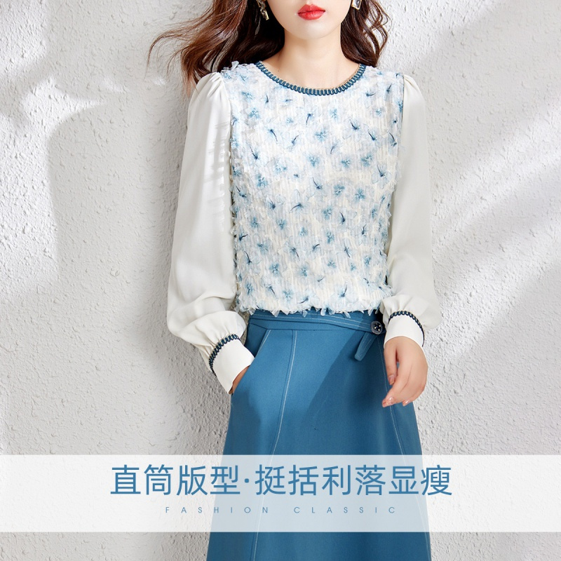 OUNIXUE欧昵雪 | [优雅拼接雪纺衫]春季减龄感织带拼接圆领长袖直筒衬衫女