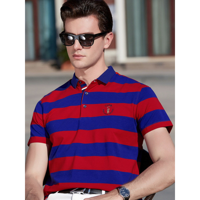 传奇保罗polo衫男短袖春季红色商务条纹撞色绣花翻领t恤