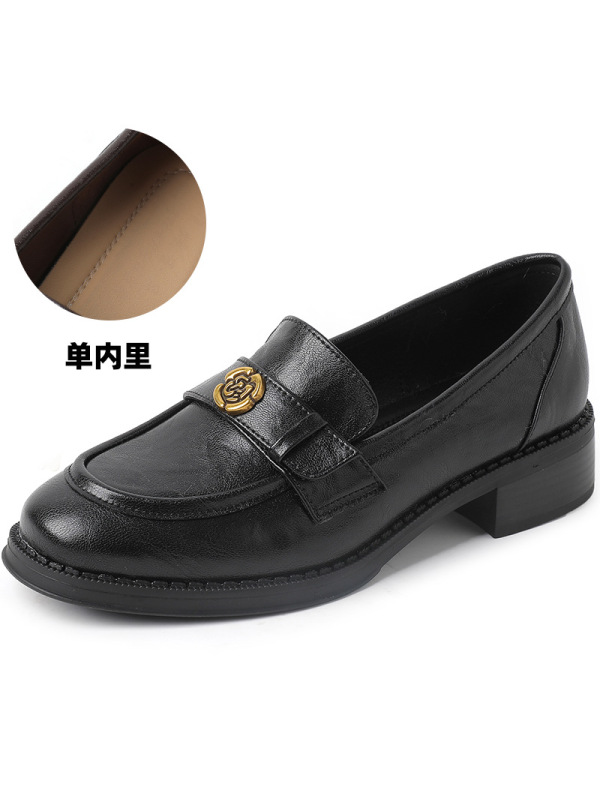 25英伦风复古乐福鞋女牛皮低跟圆头加绒棉鞋女新款软底粗跟小皮鞋