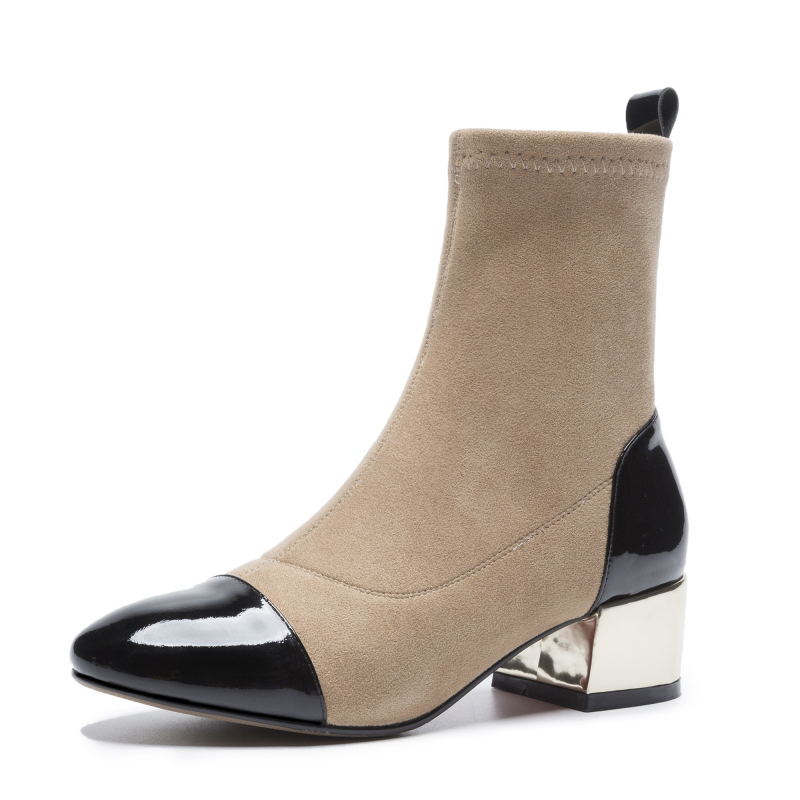 阿么秋冬中粗跟拼色时尚圆头中筒百搭色拼接女式中靴弹力靴女视频