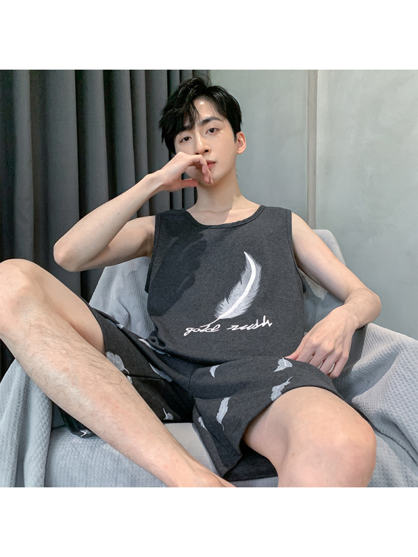 睡衣男夏季棉质背心短裤薄款无袖男士大码可外穿青少年家居服套装