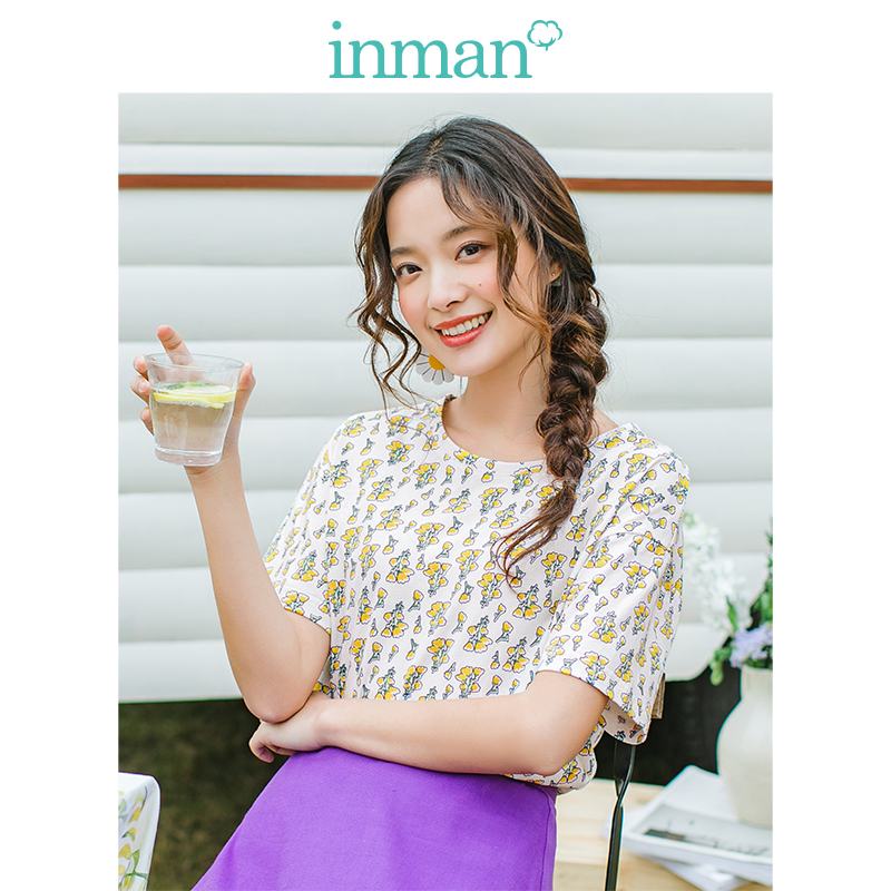 茵曼t恤女2019夏装新款圆领复古碎花休闲宽松韩版显瘦短袖上衣