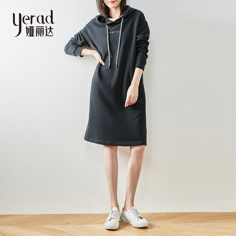 娅丽达女装长款连帽卫衣女2019秋季新款宽松纯色韩版慵懒风卫衣I7320