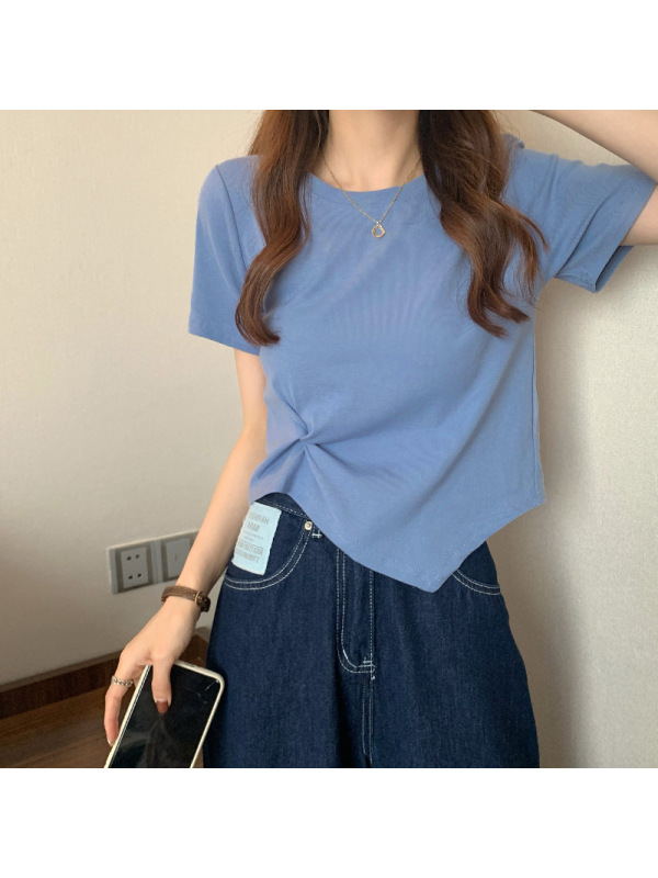 设计感不规则下摆短袖T恤女夏短款打底衫女休闲纯色上衣女装