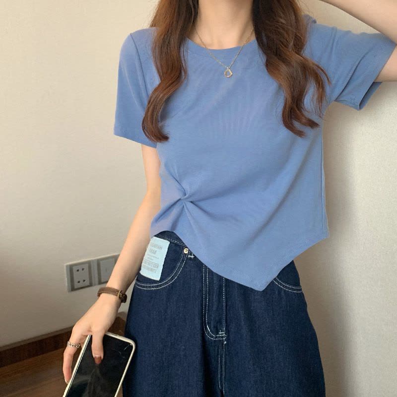 设计感不规则下摆短袖T恤女夏短款打底衫女休闲纯色上衣女装图片